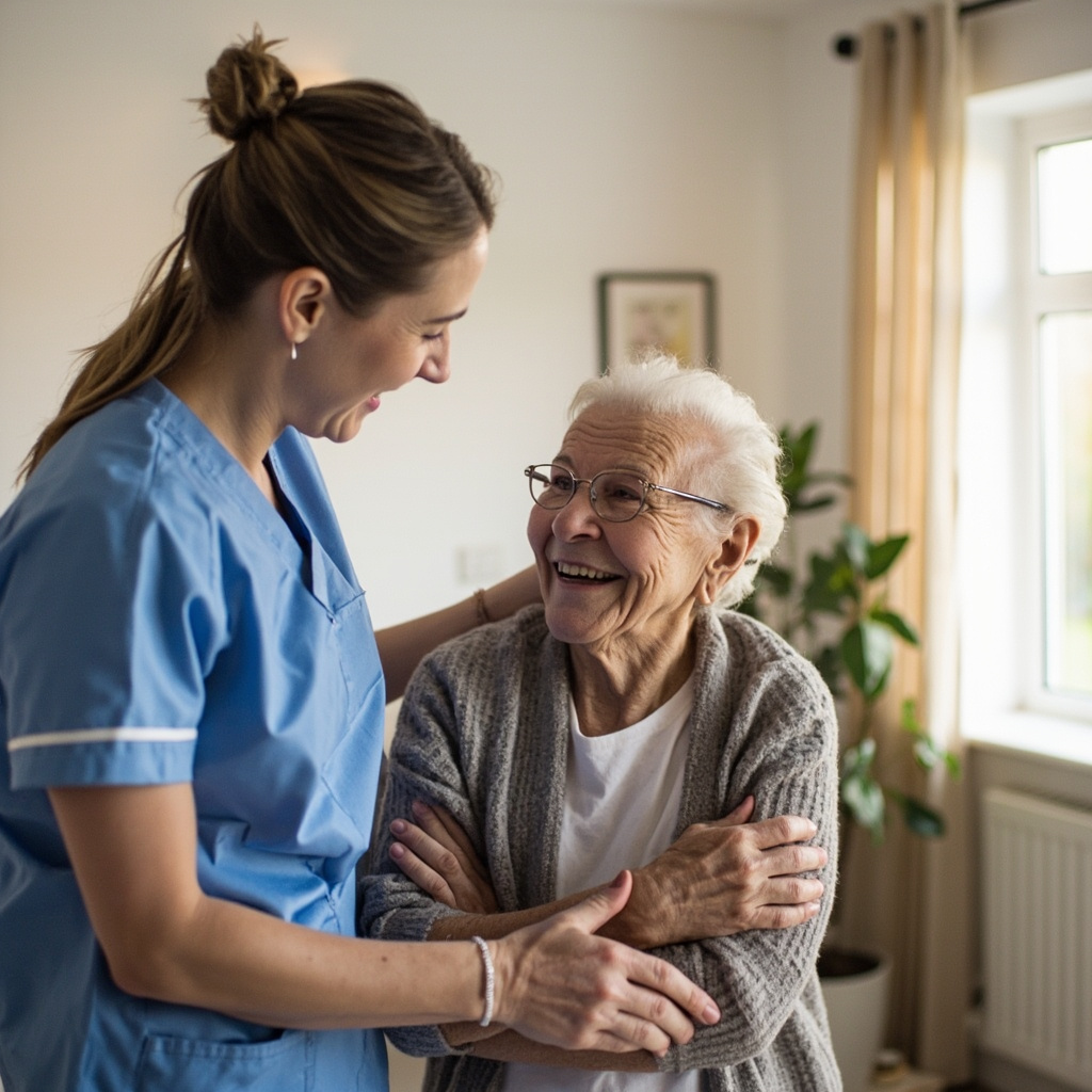 Caregiver supporting an elderly person at home with daily activities