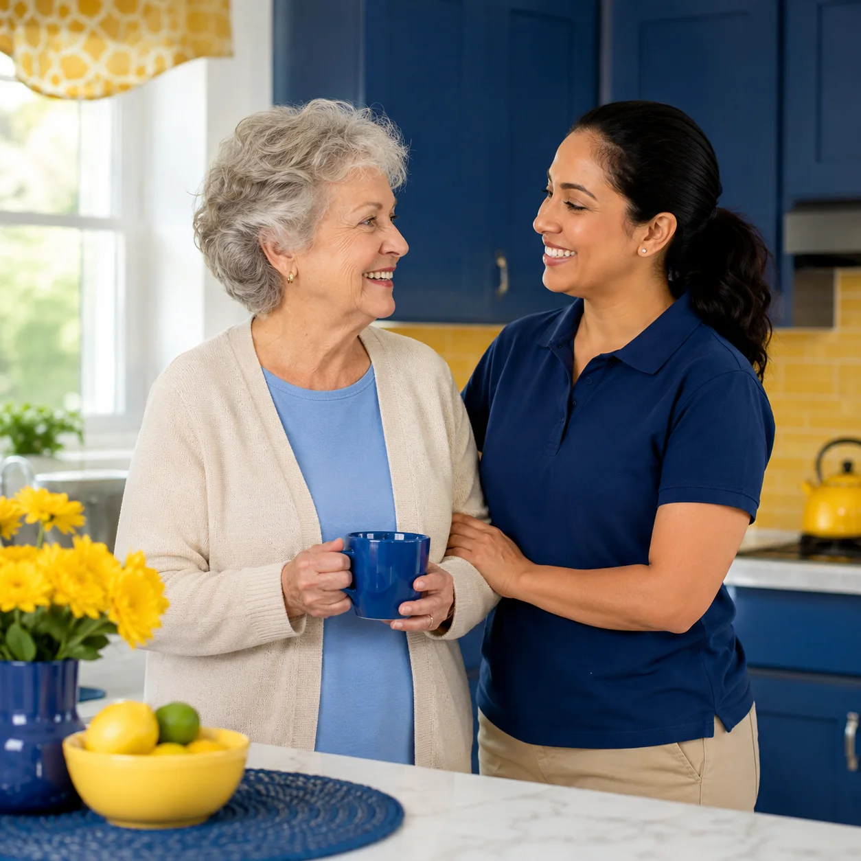 Caregiver smiling with an older adult in a bright home kitchen with blue and yellow accents, representing non-medical senior care and daily living support.