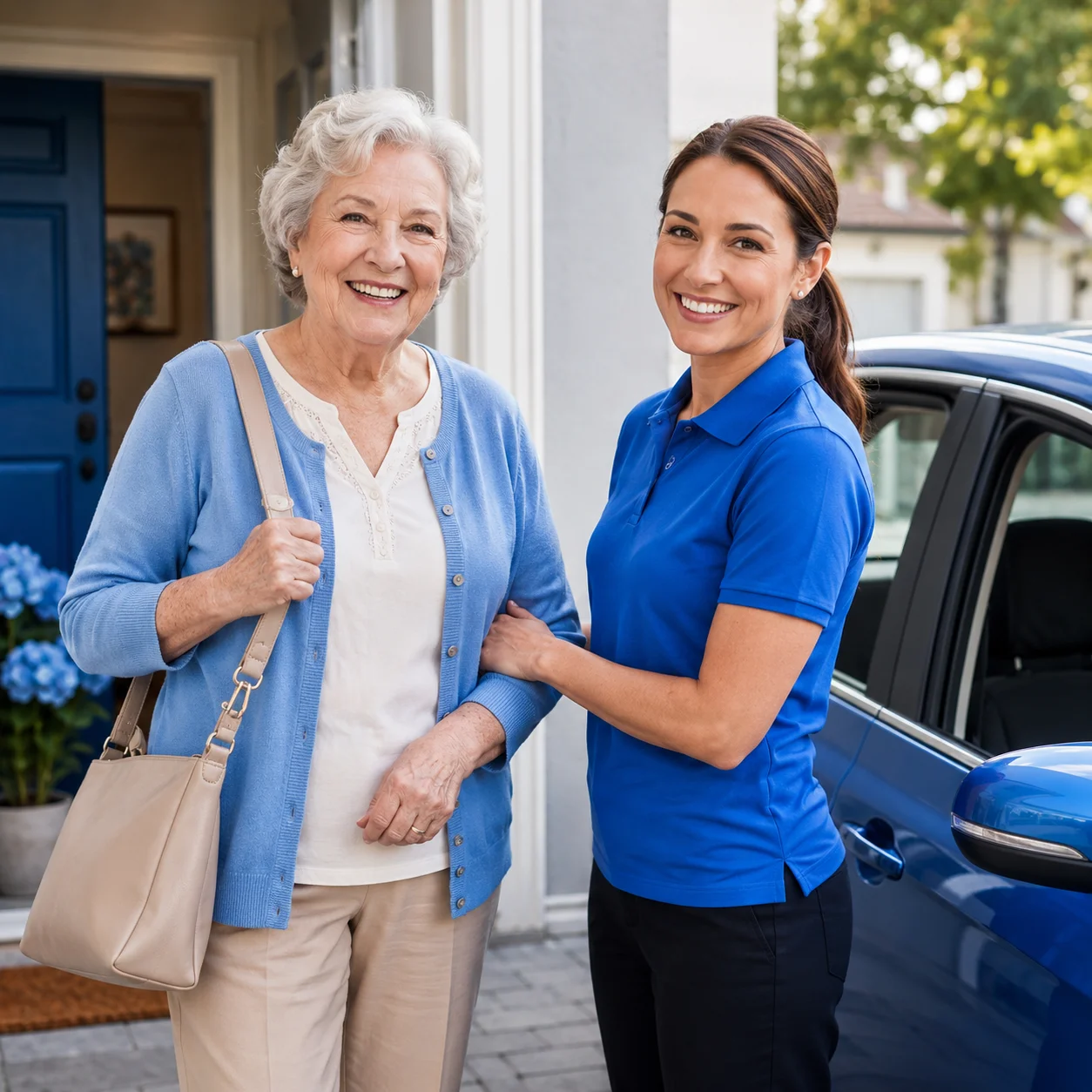Caregiver assisting a smiling senior woman outside her home for safe transportation support.