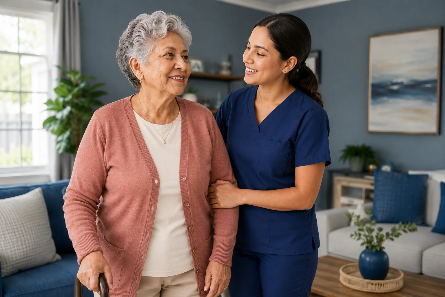 Hispanic caregiver supports a smiling senior woman in a tidy blue-accented living room.