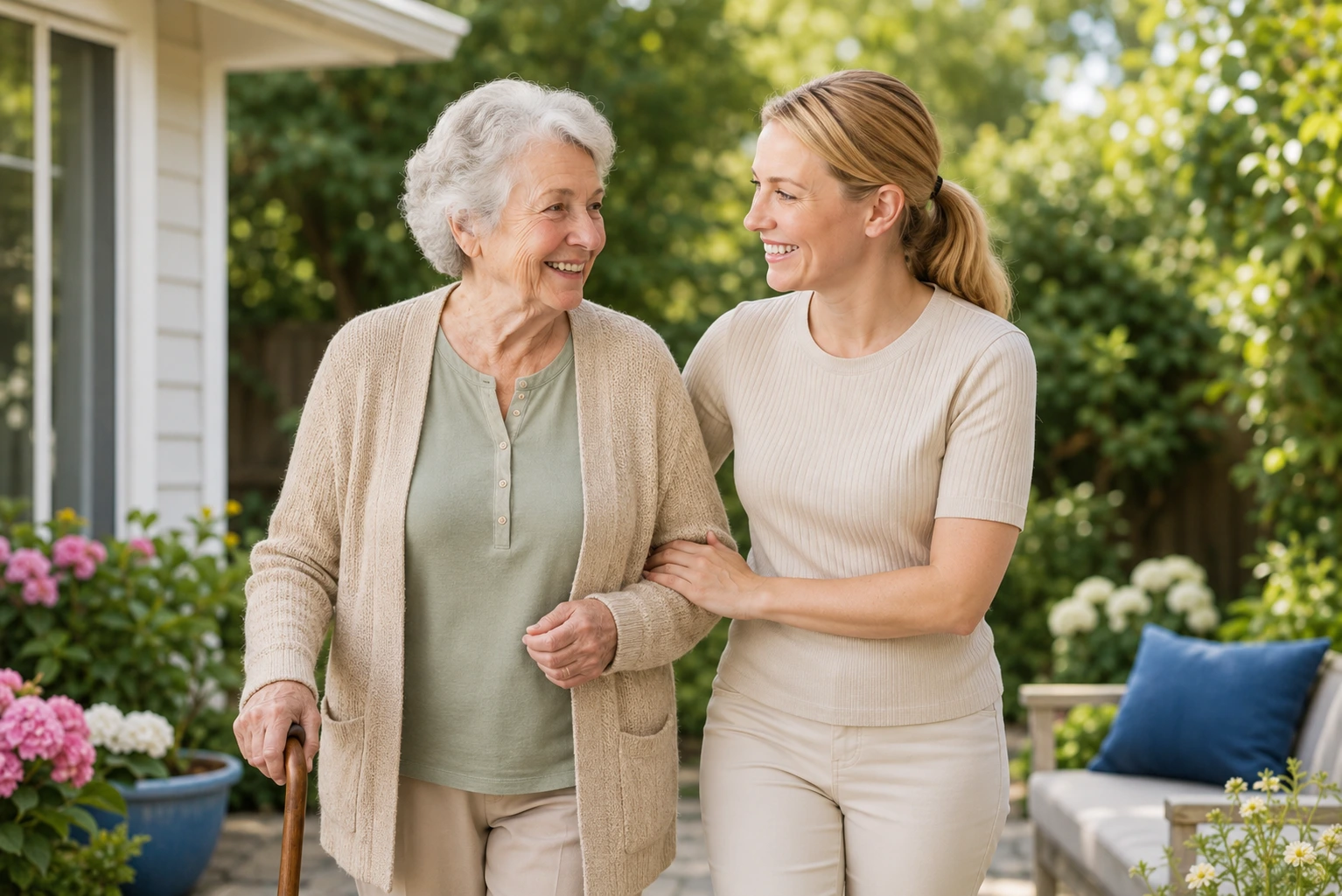 Friendly caregiver supports a smiling senior woman during a peaceful backyard walk.