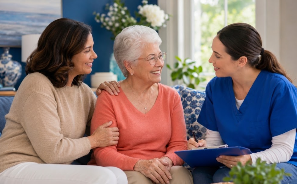 Senior woman, family member, and caregiver discussing home care services in a cozy living room.