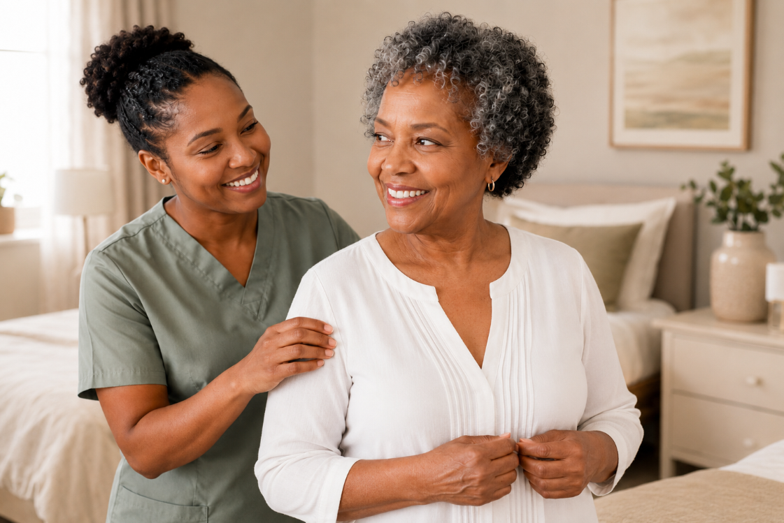 Caregiver gently assists a smiling senior woman in a warm, neutral bedroom setting.