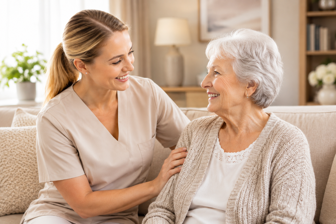 Caregiver and elderly woman smiling at each other in a warm home setting.